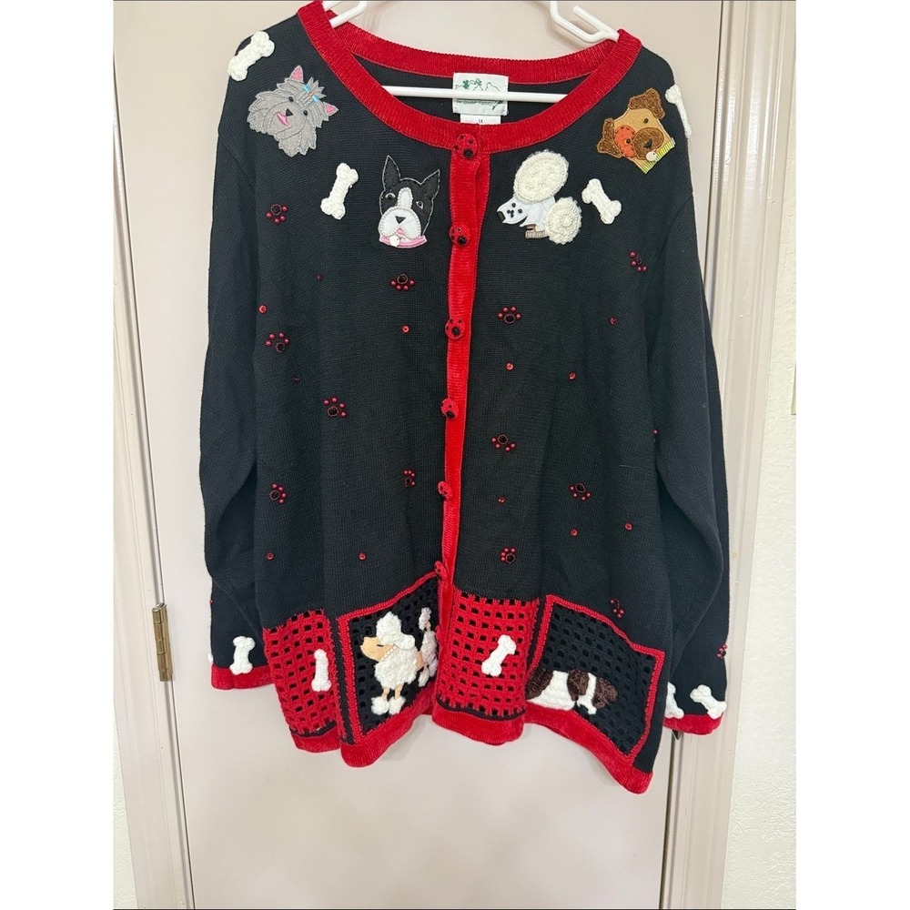 The Quacker Factory Black Red Dog Applique Cardigan Sweater Womens 1X